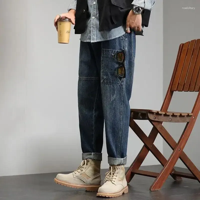 Calças de brim masculinas baggy homem reto calças de cowboy com bolsos streetwear carga elegante kpop algodão luxo 2024 tendência