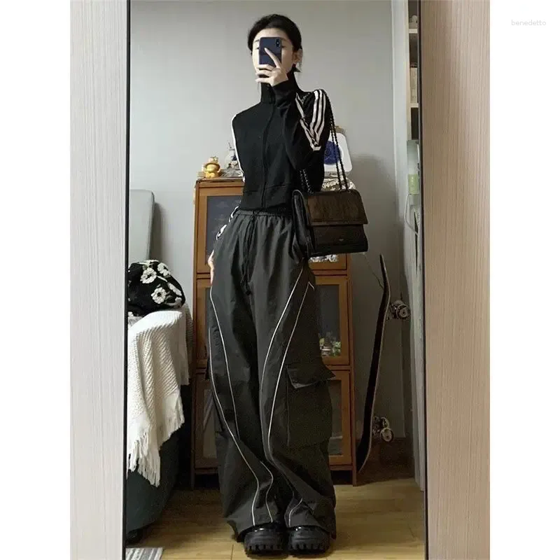 Pantalons pour femmes Y2K Streetwear Femmes Noir Cargo Coréen Harajuku Parachute Track Hommes Pantalons de survêtement Large Jambe Joggers Pantalons Vêtements