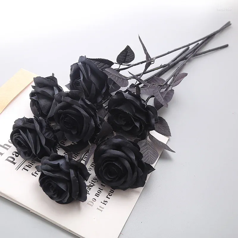 Decorative Flowers 3pcs Simulation Pure Black Single Rose Bouquet Halloween Horror Gothic Style Dark Series Fake Flower Decor