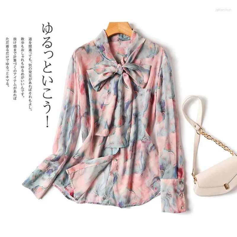 Women's Blouses Pink Tie Dye Vintage Bow Neck Chiffon Long Sleeve Single Breasted Blouse Shirt Korean Fashion Female Clothing Tops 2024