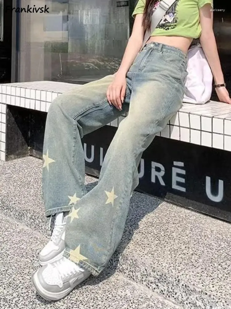 Kvinnors jeans geometriska kvinnor dagliga amerikanska retro tvättade drapering enkel college mångsidig yttre bekväma casual höstbyxor ins