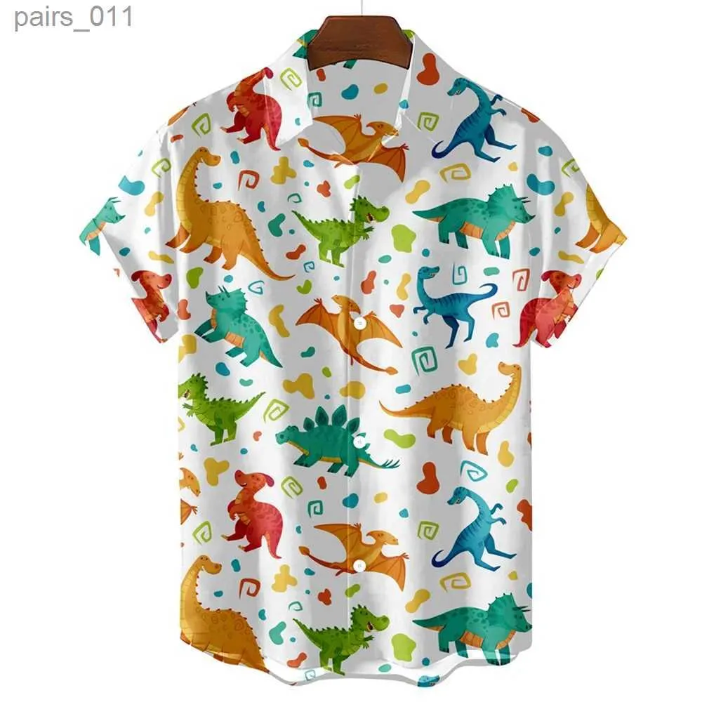 Mäns casual skjortor svartvitt hawaiian t-shirt män skjorta söt dinosaurie tryck herr klädskjorta lapel överdimensionerad kort ärm t-shirt blus 240402