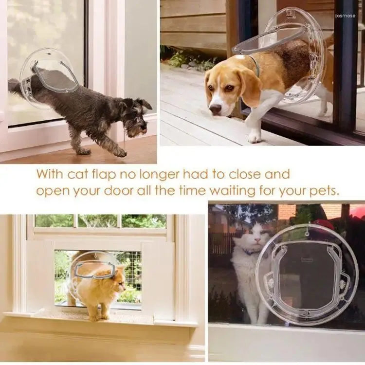 Cat Carriers Pet Door Window Gate Round Clear Flap Doors With 4 Ways Lock & Liner Kit For Puppy Fits Screen