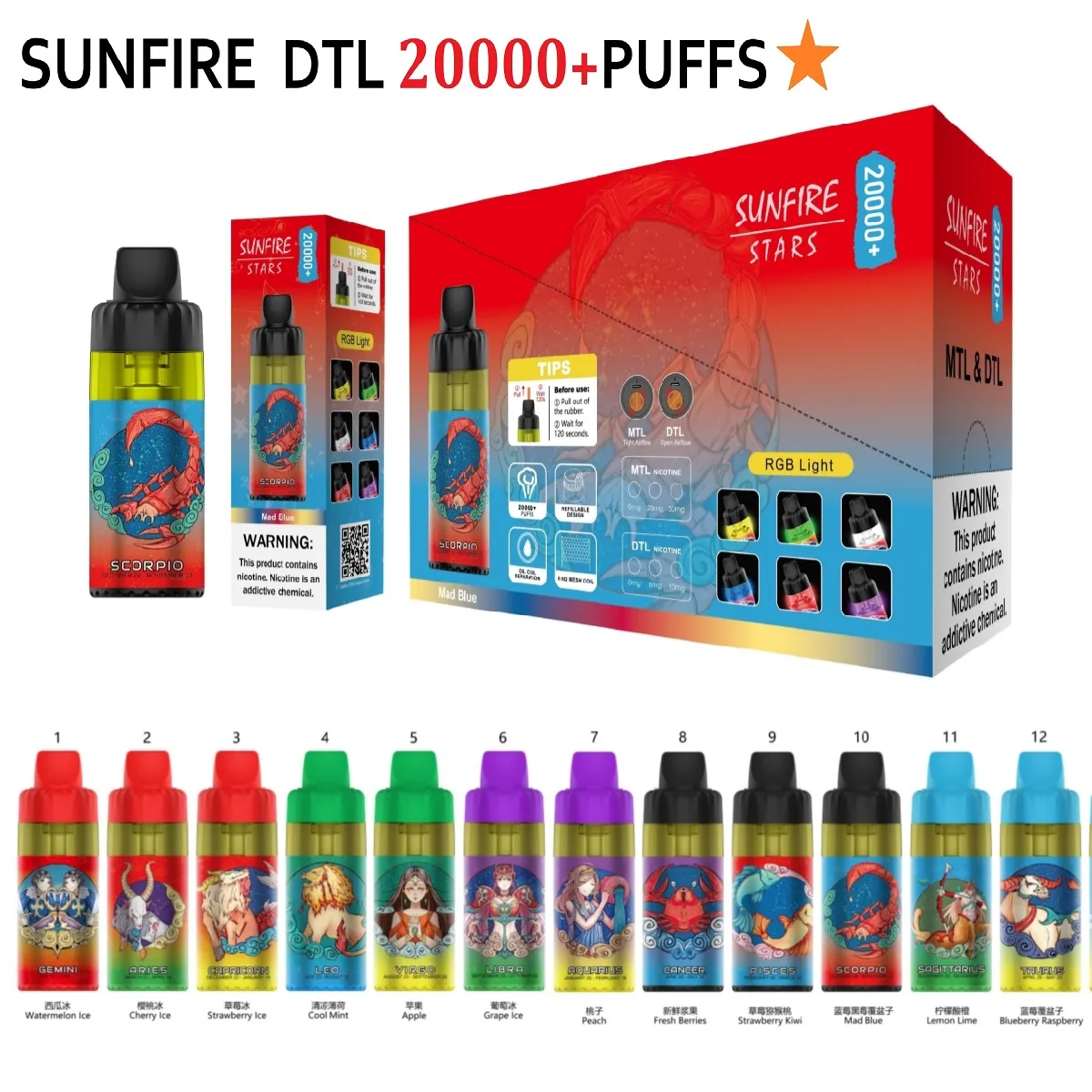 Sunfire Shisha Stars Hookah 20000 Puffes 15k Vape jetable 20mg 50 mg Irritation de gorge Big Fog 30ml Pod préfabillée E Cigarettes Puff 12000 12k France Ca Shisha Vape