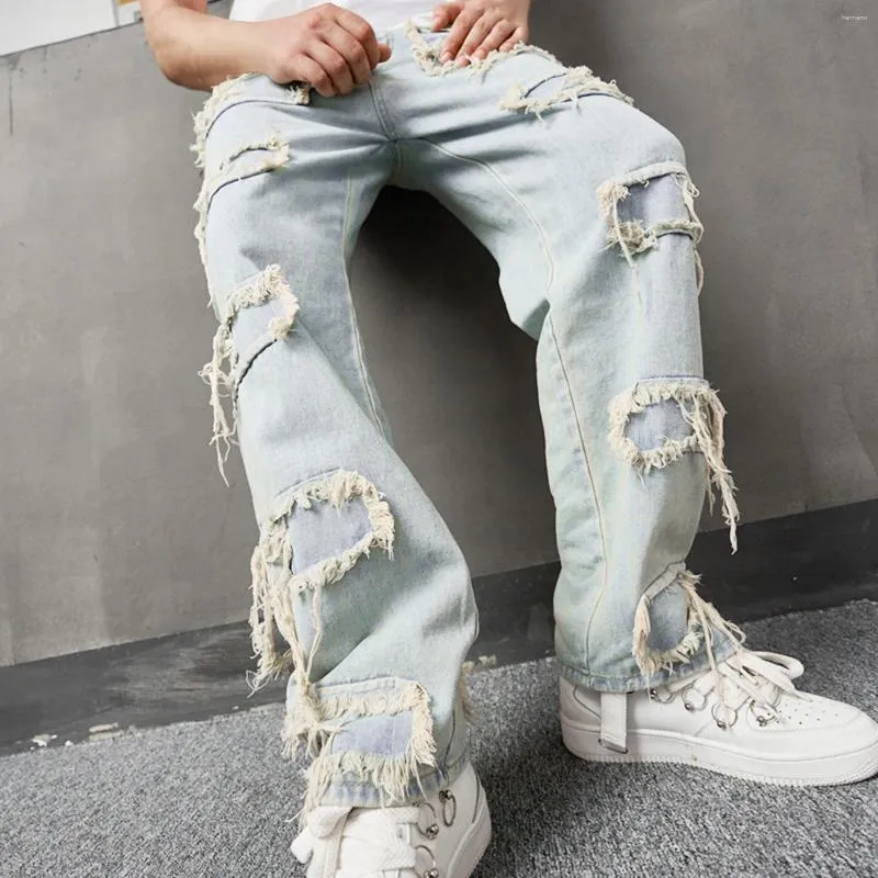 Männer Jeans Männer Stilvolle Retro Ripped Patch Beiläufige Lose Hosen Streetwear Männliche Feste Gerade Denim Hosen