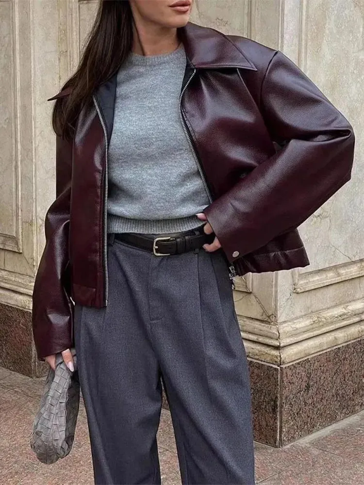 Chaqueta Corta De Piel Sintética Para Mujer, Estilo Motera Vintage, Color Vino Rojo - Abrigo Invierno Cálido