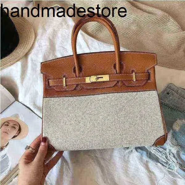 Bk Platinum Leather Designer Handbag Ins Womens 2024 Spring and Summer Female Foreskin with Canvas Contrast Color Bag Hand Shoulder Bag