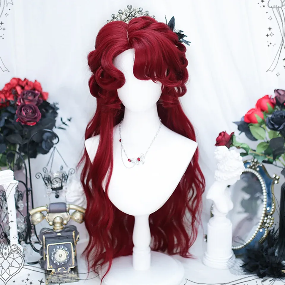 Parrucche sintetiche lunghe ondulate curly rosse retrò cosplay lolita heatresistant wig