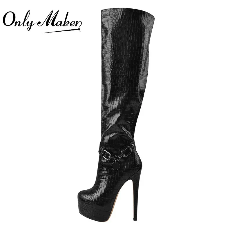 Boots Onlymaker Thin High Heel Over the Knee Boots Lady Black Pu Crocodile Print Metal Chain Decoration Zipper Winter Women Boots