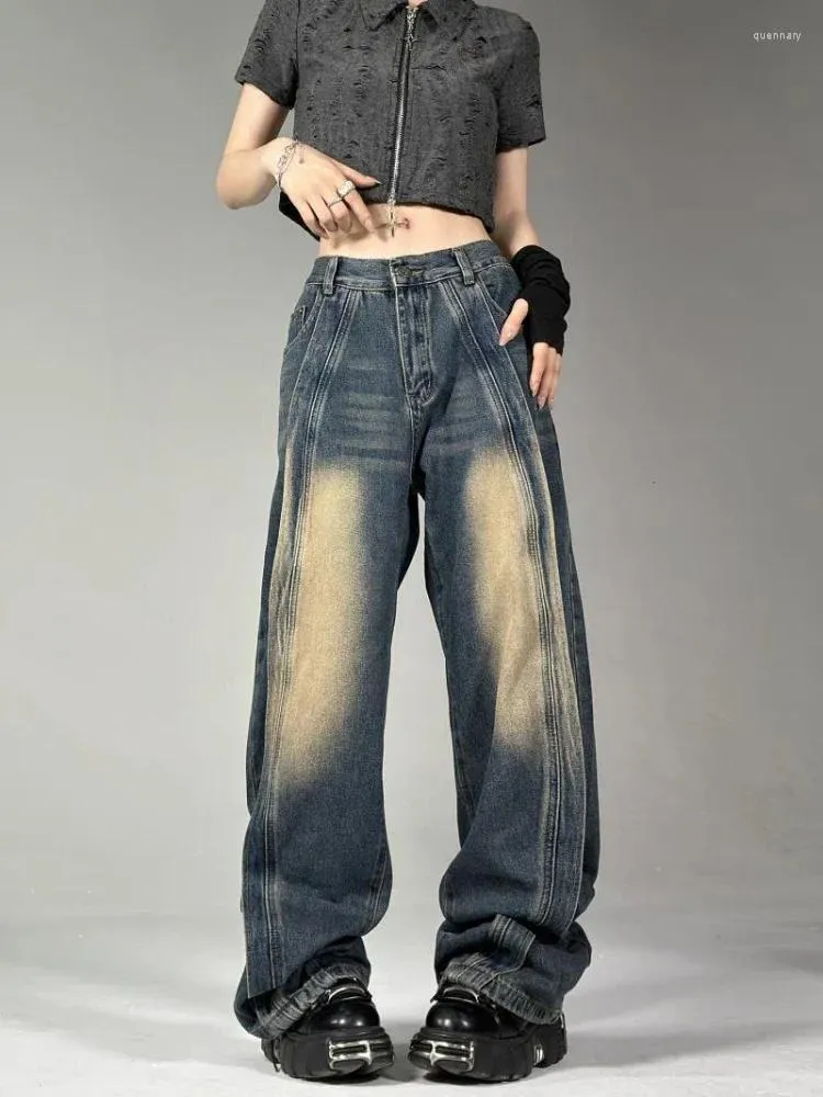 Women's Jeans Ancient Ways American Gexinggao Steet Washed Retro Fashion Stitching Silhouette Wide-leg Pants For Men And Women