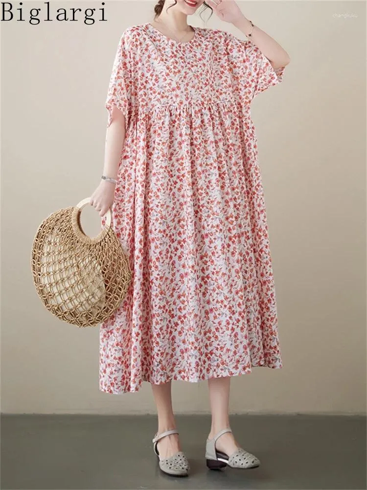 Festklänningar överdimensionerade korea sommar kvinnor strand lös blommig klänning damer kvinnas avslappnad bomull stor storlek tröja länge