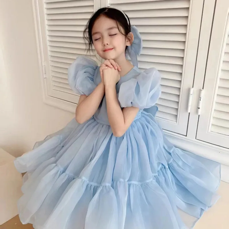 Spring and Summer Girl Dress Fluffy Sleeves Solid Sweet Princess Dress Girl Childrens Dress Casual Childrens Clothing 240402