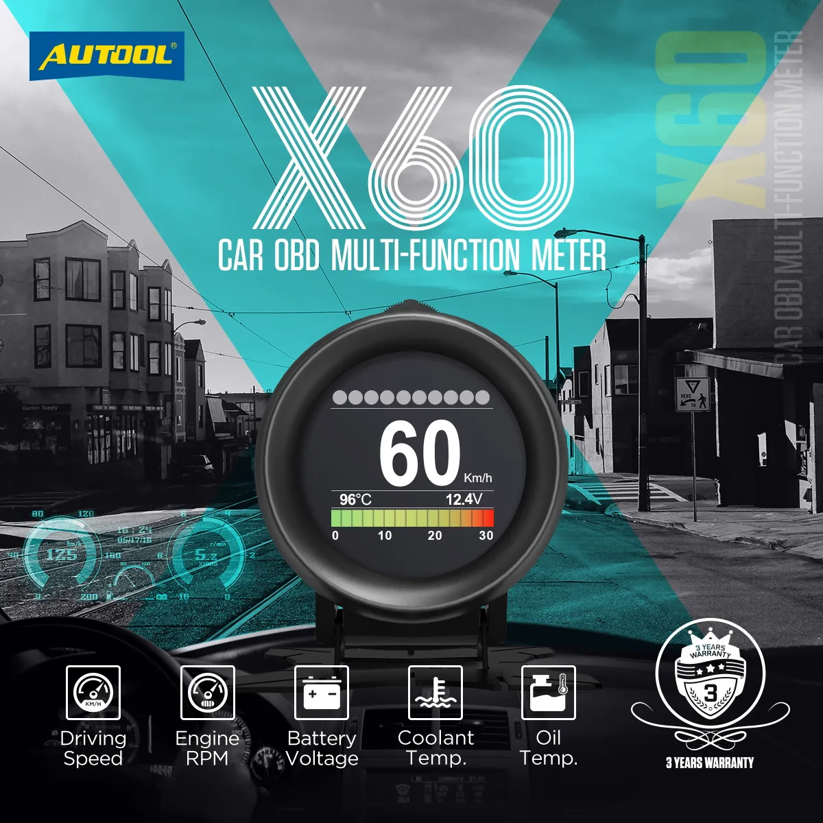 AUTOOL X60 OBD2 HUD Head Up Display Digital Speed Meter Temp Turbo Kpa ...