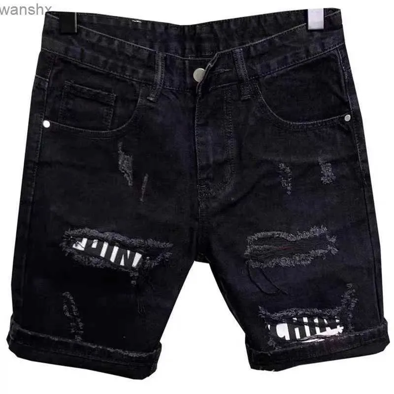 Men's Jeans New mens 2023 hole stickers Korean fashion ultra-thin denim shorts leg jeans shortsL2404