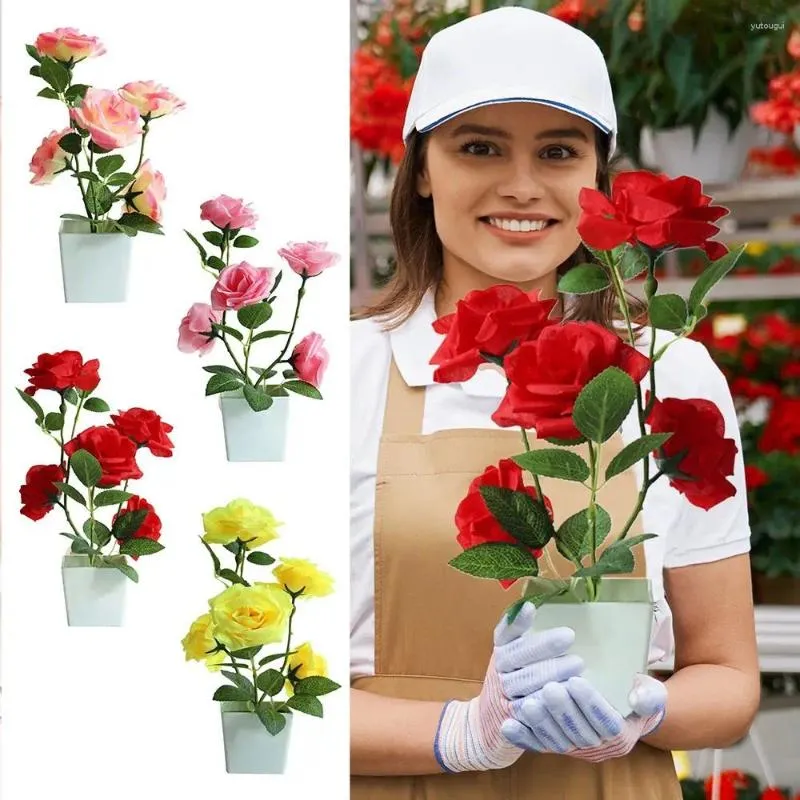 Fleurs décoratives fausses plantes Rose fleur bonsaï bureau cinq têtes en plastique en pot ornement de salle simulé décor artificiel maison