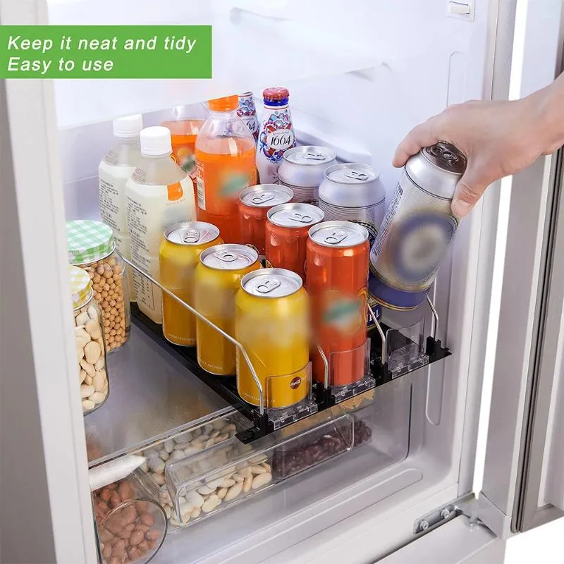 Dispenser per organizer per bevande e contenitori per cucina, larghezza regolabile, portabottiglie per bevande in scatola, supporto per spingitore automatico per birra a forma di E, per frigorifero