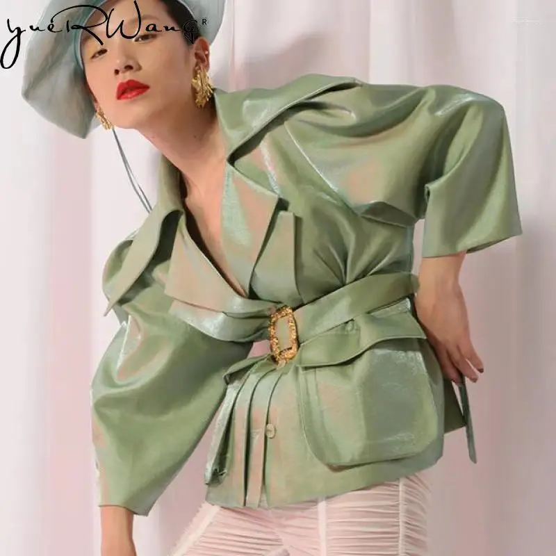 Women's Suits Yuerwang Women Blazer Short Sleeve Ruffel Golden Belt 2024 Spring Summer Coat Dropship Fashion Vintage