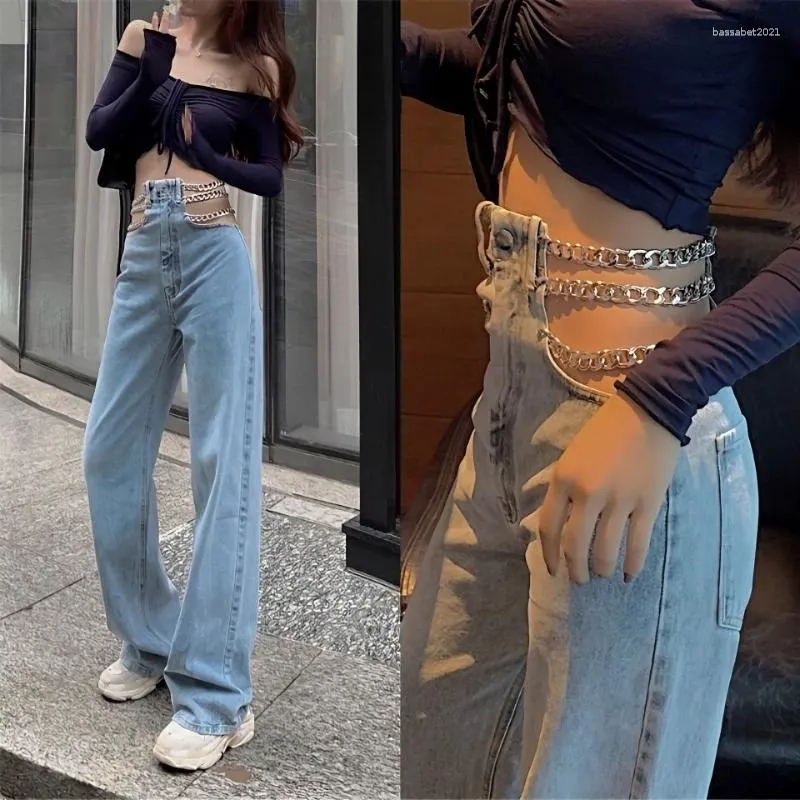 I jeans da donna scavano l'estate a vita alta alla moda I pantaloni alla moda a catena drappeggiata larga mamma sexy con gamba larga e dritta