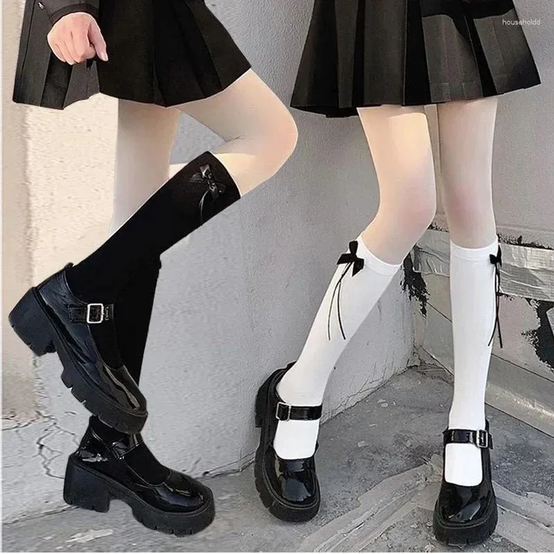 Women Socks Japanese Lolita Calf Sweet Princess Ribbon Soft Sister Bowknot Solid Color Mid Tube Cosplay