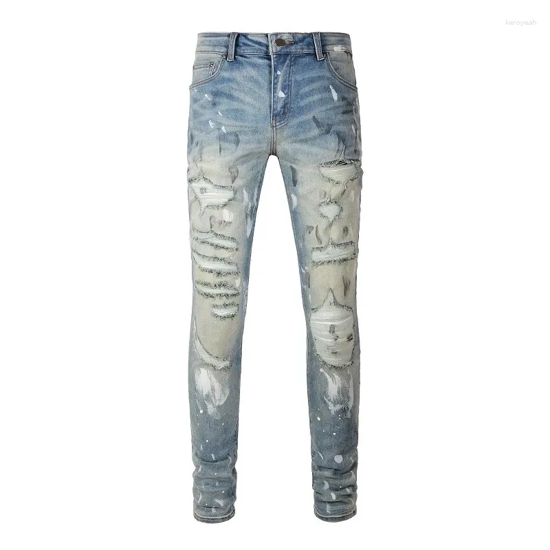Jeans pour hommes Streetwear Mode Distressed Silm Fit Bleu clair Trous endommagés Dye Patchwork Ripped Stretch Graffiti Pantalon 6530