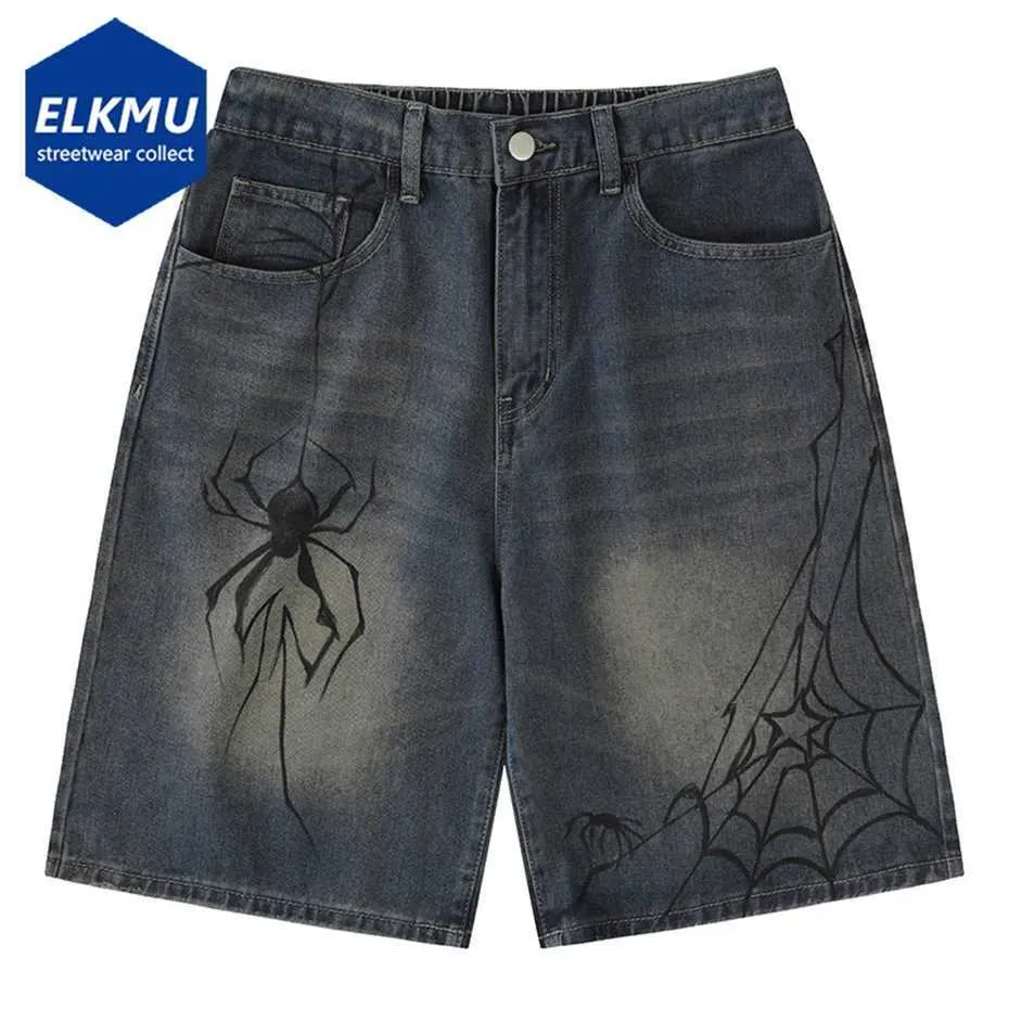 Mäns shorts herrar shorts y2k blå denim shorts spindel spindelnät tryckt sommar lös casual jeans shorts mode harajuku hip hop gata mens shortsc240402