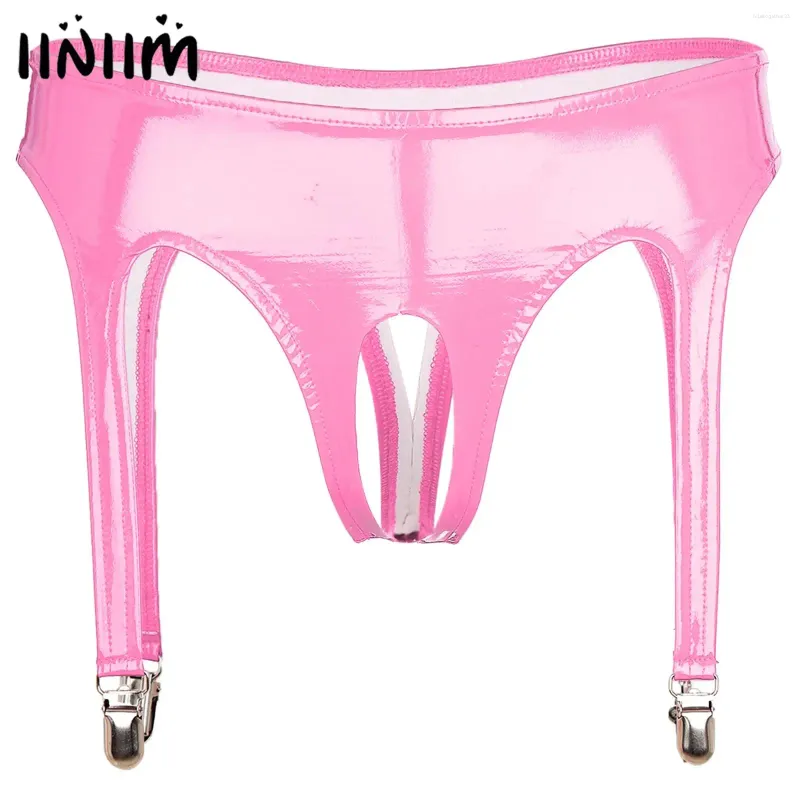 Women's Panties Sexy Womens Glossy Patent Leather Crotchless Briefs Underwear With Metal Garter Clips Open Crotch Thong Lingerie Clubwear