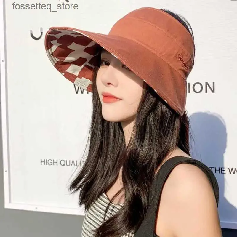 Wide Brim Hats Bucket Hats Summer Hats For Women Empty Top Sun Protection Sunscreen Beach Hat Large Brim Folding Double Sided Sunhat Korean New Casual L240402