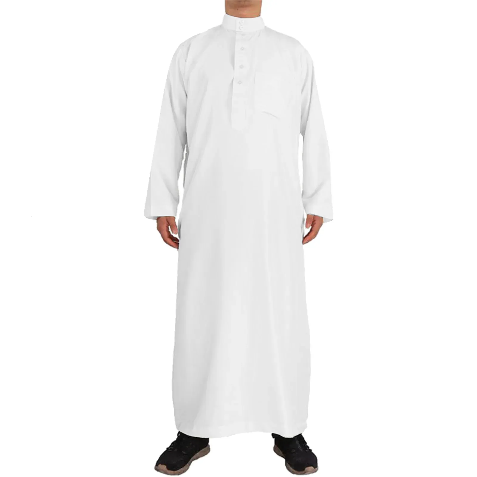 Blanc mâle Jubba Thobe musulman couleur unie Robe Thobe caftan à manches longues Jubba Robe islamique pakistanais Dubaï Robes de mode 240328