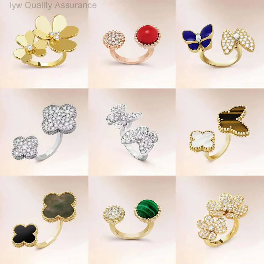 Tasarımcı Vanclef Clover Ring Fanjia Hassas Baskı Dört Yaprak Çim Boyutu Fritillaria Çift Çiçek Açık Yüzük Şanslı Çim Yüksek Sınıf Basit Moda Elegance Kadın