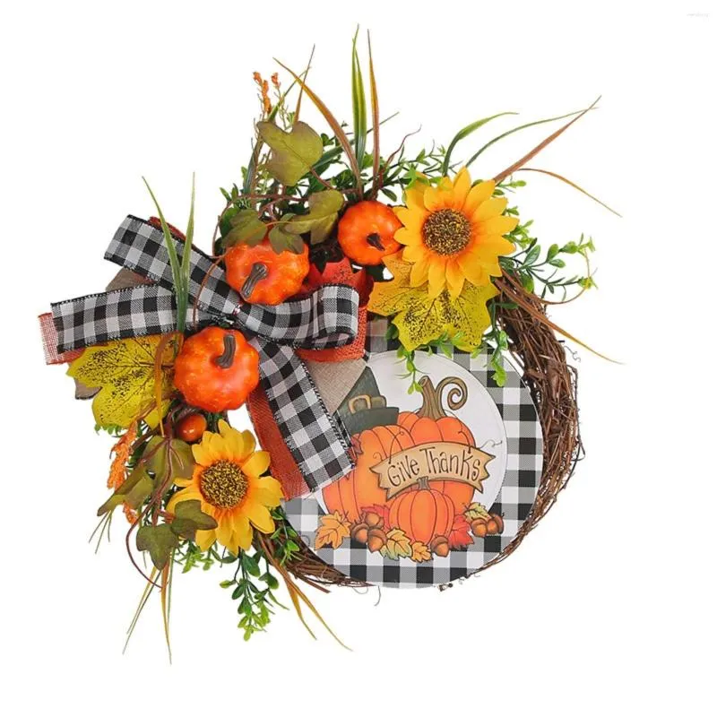 Dekorativa blommor Träskyltdekoration Thanksgiving Sunflower Autumn Color Pumpkinwreath Simulation Plant Door Hanging Artificial