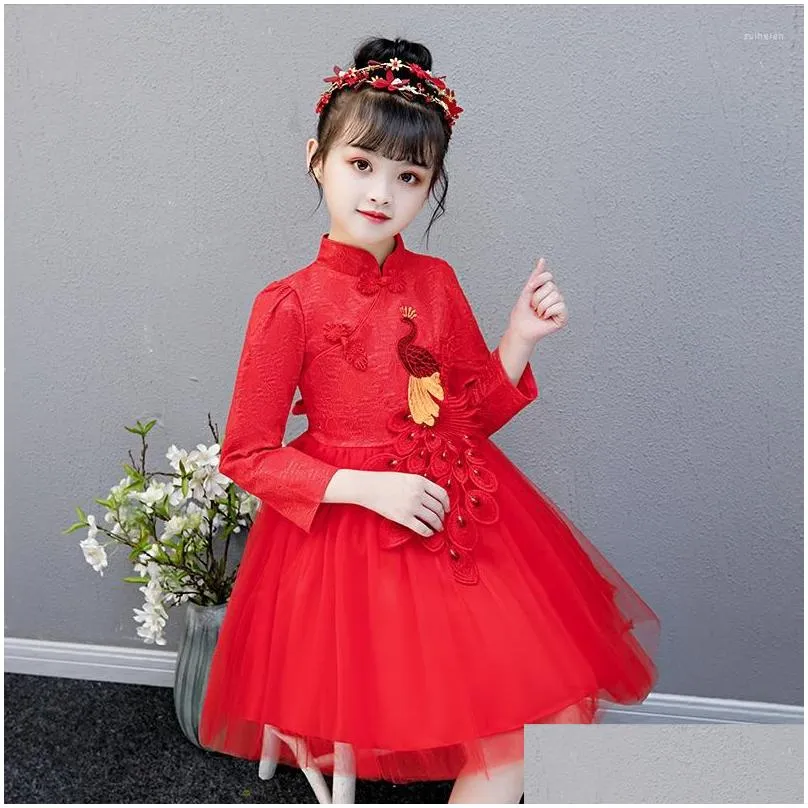 Vêtements ethniques Broderie rouge Phoenix Flower Girl Robe chinoise Qipao Enfants Cheongsam Enfants Robes de style oriental Princesse Drop de Dh0Wo