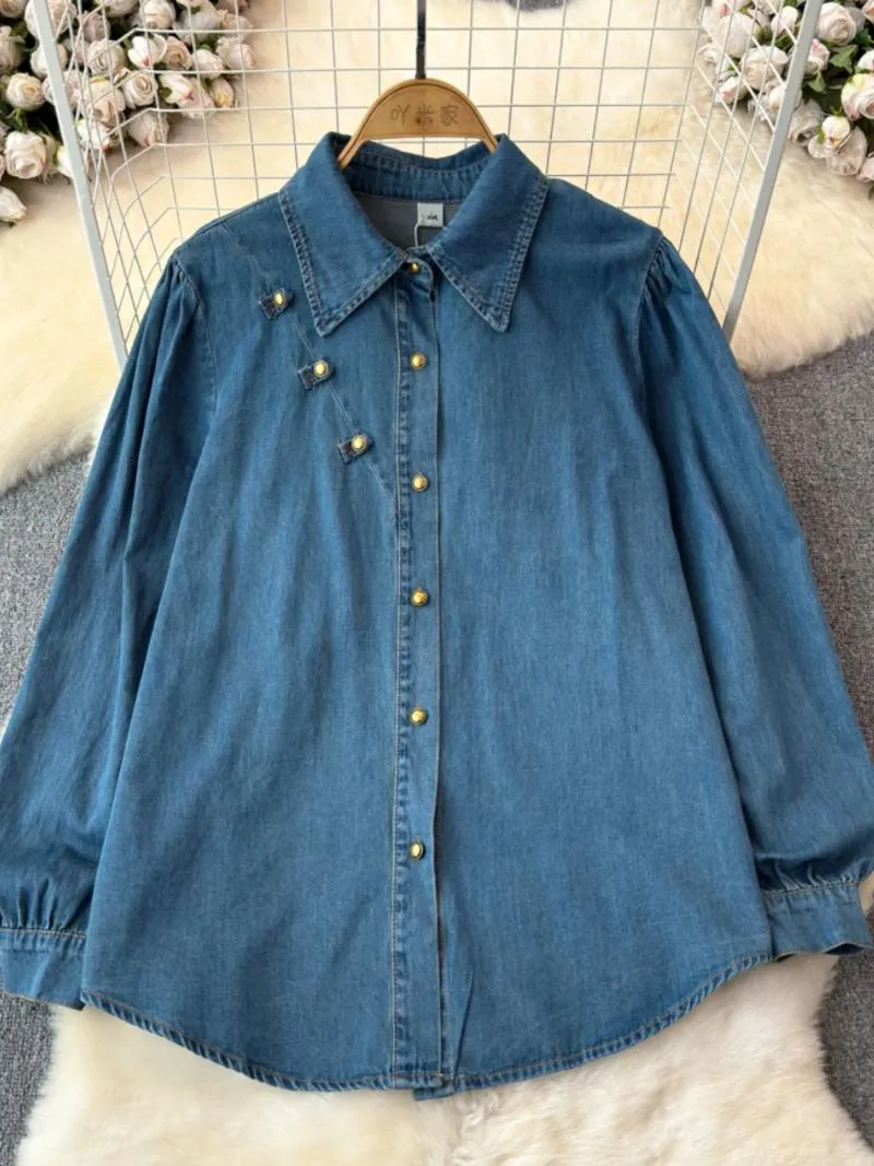 Blouses Femmes Style français Rétro Denim Chemises Femmes Printemps Automne Chic Col Rabattu À Manches Longues Blouse Casual Lâche Femme Tops