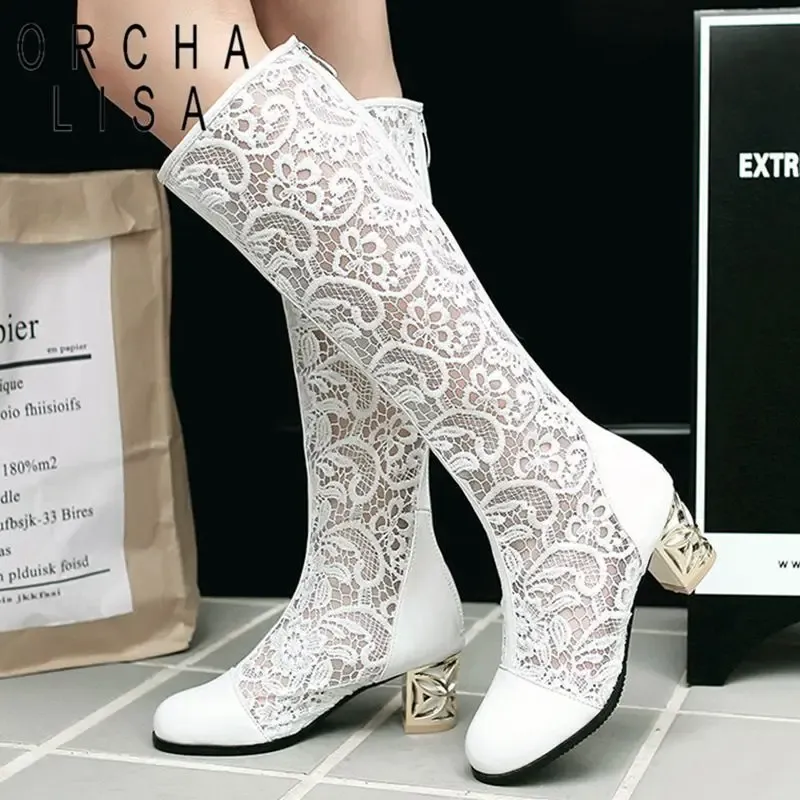 Boots ORCHA LISA Spring Summer Boots Shoes Women Med Heels Knee Flower Lace Female Mujer Zipper Glitter Sexy White BiG Size 43 44 4546