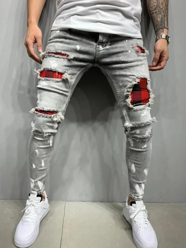 Distress Plaid Patch Holes Streetwear Ripped Skinny Jeans Men Biker Slim Elastic Denim Cargo Pants Y2K Pantalones Hombre Joggers 240329