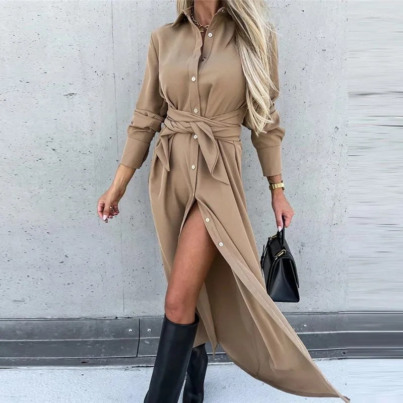 Casual Dresses Women Elegant Turn-Down Collar Buttons Long Dress Spring Sleeve Lady Solid Party Sexy Club Lacing Up Vestidos