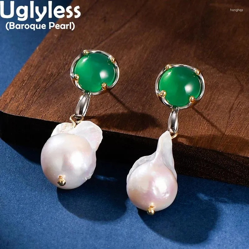 Orecchini pendenti Uglyless Asimmetrici Perle barocche naturali Donne Cool Personalizzate Borchie irregolari in argento 925 con agata