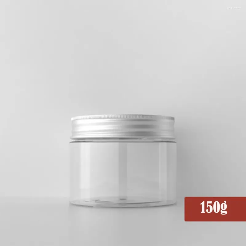 Bottiglie di stoccaggio 150g Coperchio in plastica trasparente in alluminio Vaso per trucco vuoto Vaso riutilizzabile da viaggio Crema per il viso Lozione Contenitore cosmetico