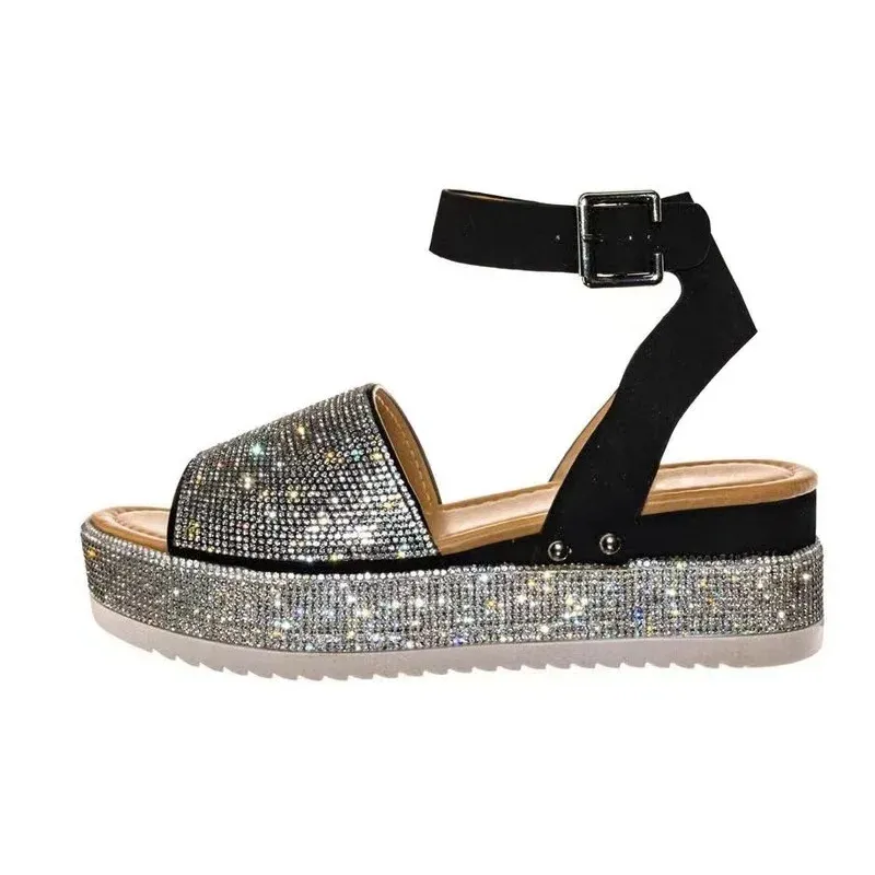 Pantofole piattaforma sandali cunei da donna 2023 scarpe di tendenza estate donna tacchi eleganti abito di moda abito elegante ragazza elegante rhinestone nera