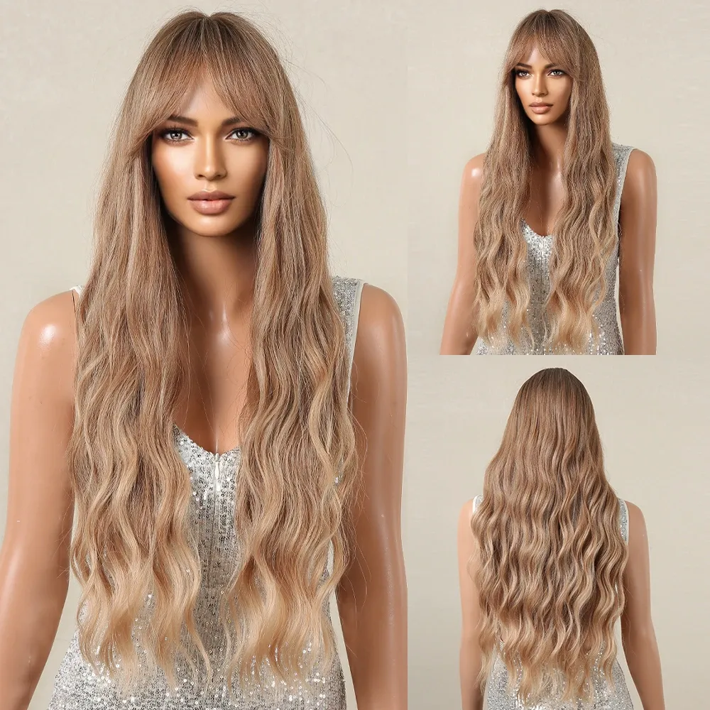 Perruques Long Water Wave ombre Wigs synthétiques perruques brunes légères avec frange Daily Party Cosplay Hair Wig for Women Natural Heat résistant