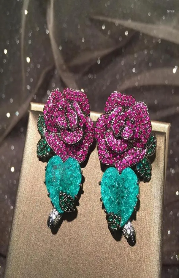Dangle Earrings Blincolor Fashion Green Leaf Heart and Red Rrose Flower Luxury Earring1441701