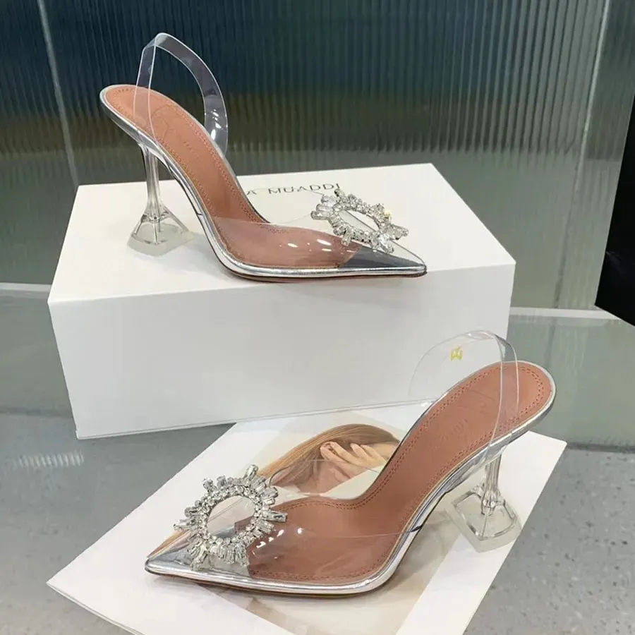 Designer luxury Amina muaddi Begum crystal decoration fashionable buckle stain pump shoes scroll PVC high heel sandals women evening suspender sandals