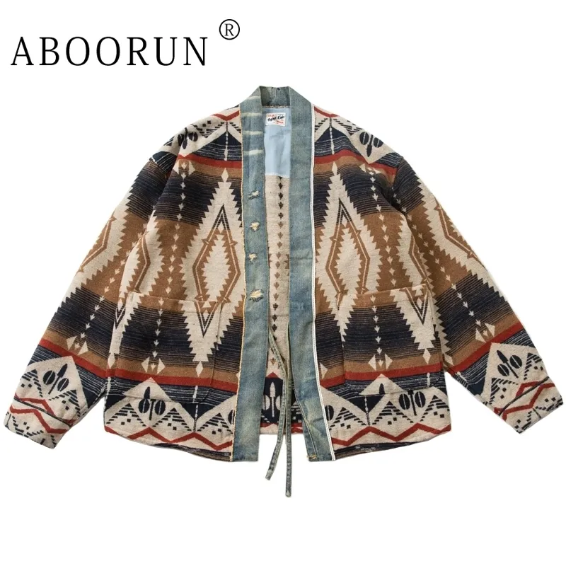 ABOORUN Men Retro Cardigan Robe National Denim Patches Jackets Streetwear Coat for Male 240322