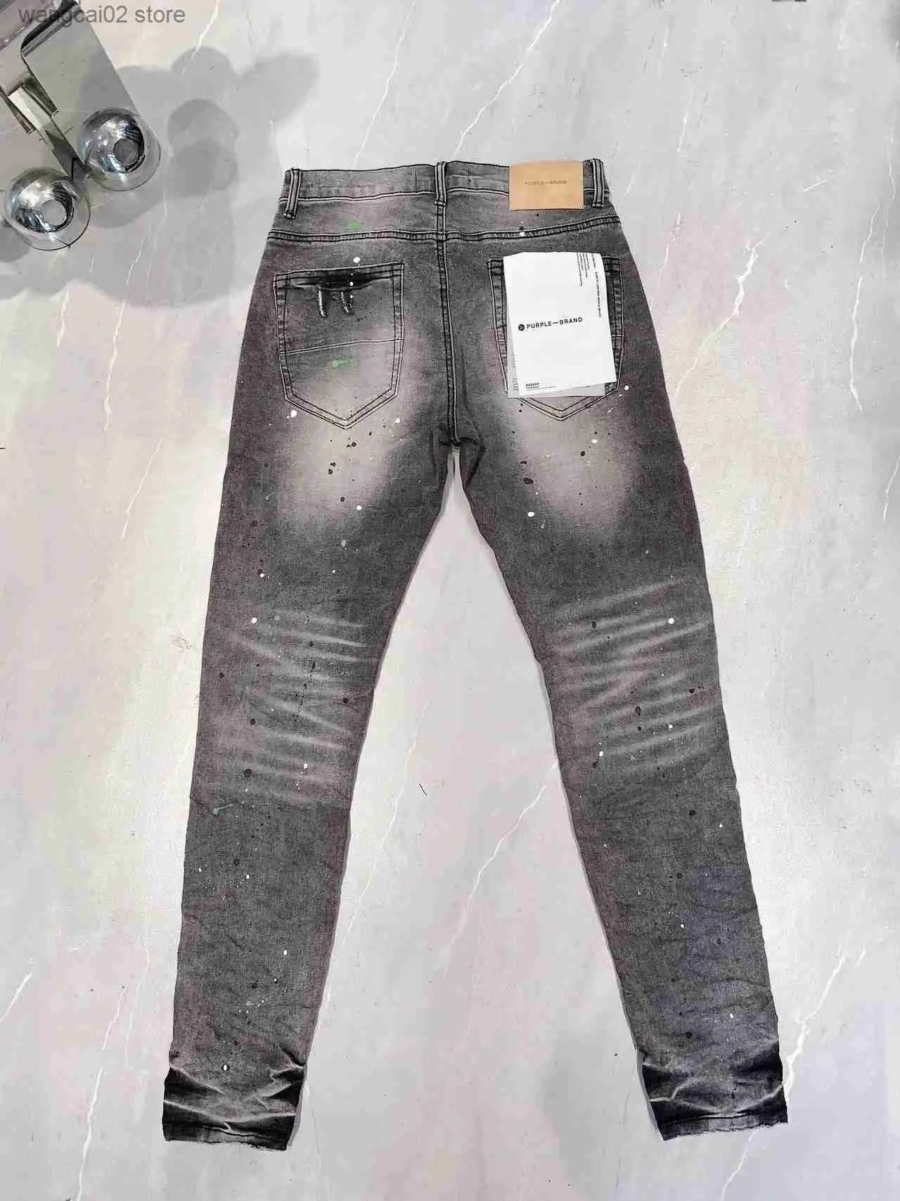 Dżinsy męskie fioletowe dżinsowe dżinsy męskie męskie moda Strtwear Slim Paint Graffiti Uszkodzone podarte Hip Hop Jean Pants T240402