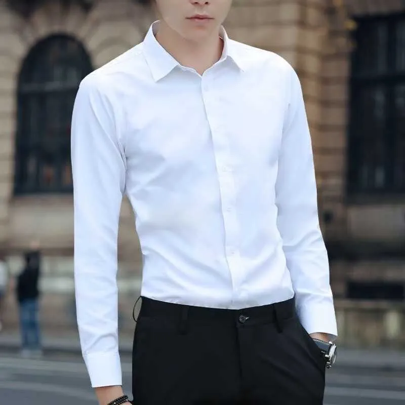 春/夏のメンズホワイトシャツ長袖薄い韓国版フォーマルシャツメンズスリムフィットホワイトシャツメンズ