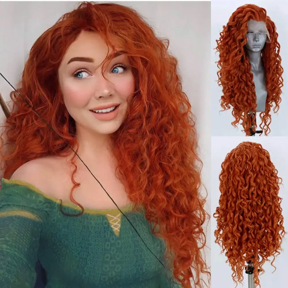 かつらaiimeya oderange long curly lace wig cosplay wig halloween synthetic long Hairlowロール女性のためのウィッグプレイレースフロントウィッグ