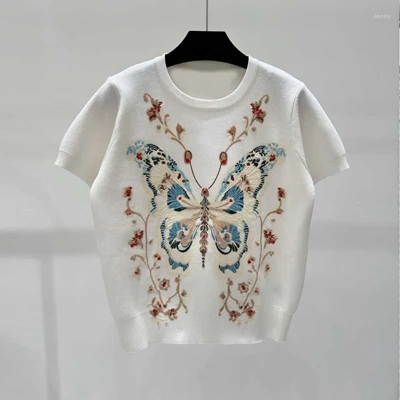 T-shirts pour femmes 24 col rond blanc papillon brodé t-shirt créateur de mode pull à manches courtes loisirs doux vêtements haut de gamme