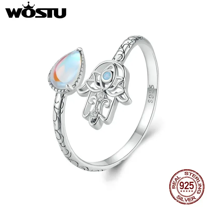 Collier Wostu 925 STERLING Silver Lucky Hand of Fatima Opening Ring Rainbow Moonstone Tedred-rings Empilable Party Bielry Gift