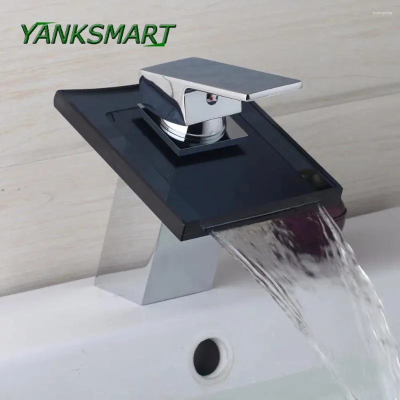 Rubinetti per lavabo bagno YANKSMART Rubinetto con bocca a cascata in ottone e vetro nero Rubinetti miscelatori per lavabo cromati da piano