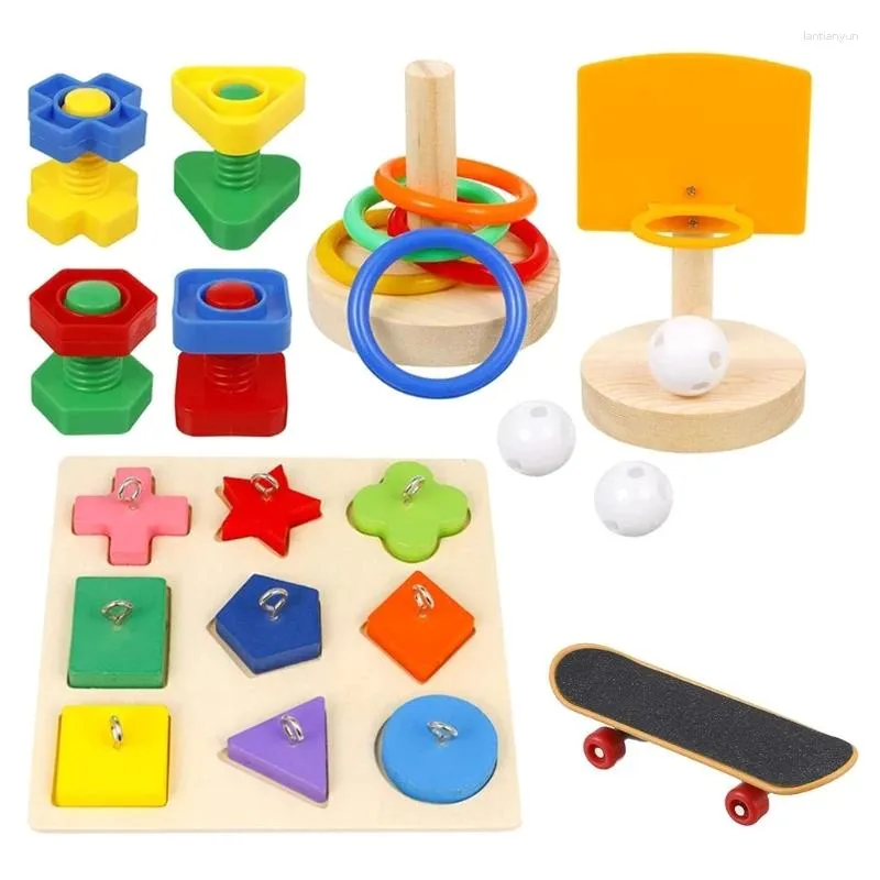 Other Bird Supplies 5 Pieces Training Toy Set Include Wooden Block Puzzle Basketball Stacking Rings Skateboard And Bolts