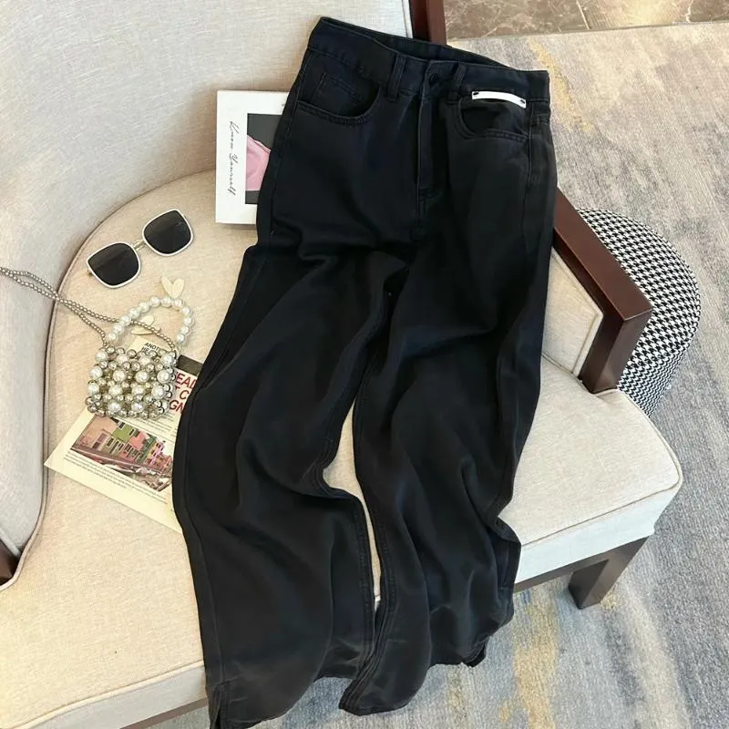 Women's Jeans High Waist Wide Leg Thin Black Summer Street Style Trousers Young Girl Split Design Straight Denim Pants